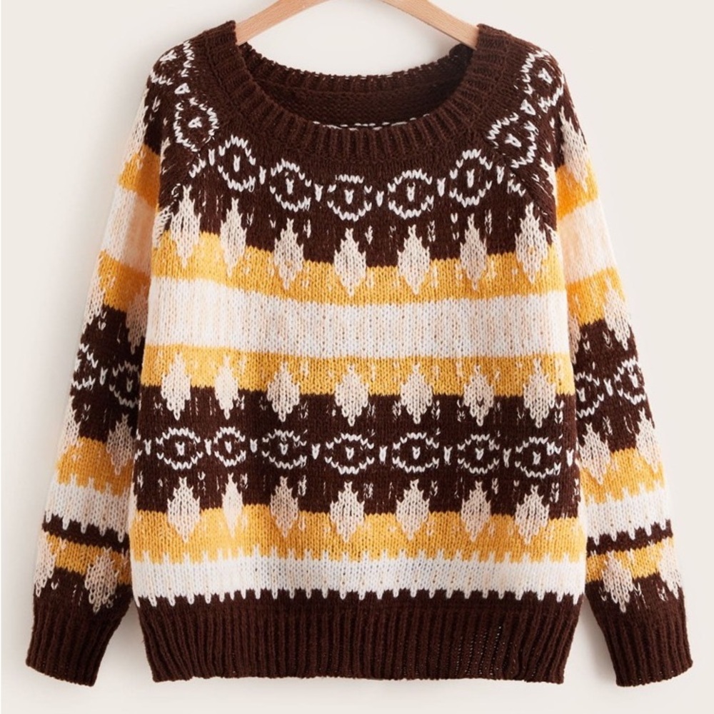 Women’s Brown, Yellow, White Argyle Sweater ~ NEW